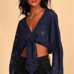 Chic Scene Navy Blue Floral Jacquard Tie-Front Long Sleeve Top